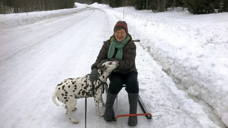 Päivi Ahonen Joloksella naapurin koiran kanssa.