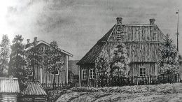 Iin 1700-luvulla rakennettu pappila. Iin kansakoulun ensimmäisen tyttöjen opettajan Olga Nymanin piirros v. 1877 (Iin srk. historia)