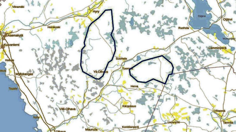 Yli-Olhavan tuulivoimapuisto tulee kahdelle eri osa-alueelle Oijärventien molemmin puolin. (Kartta: Ramboll)
