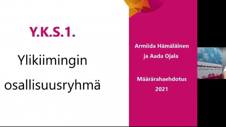 Ylikiimingin osallisuusryhmän Armiida Hämäläinen ja Aada Ojala olivat tuomassa lasten ja nuorten kaupunkikokoukselle ylikiiminkiläisten määrärahaehdotusta koulun sisätilojen oleskelu- ja opiskelupaikkojen parantamisesta. (Kuvankaappaus kokouslähetyksestä)