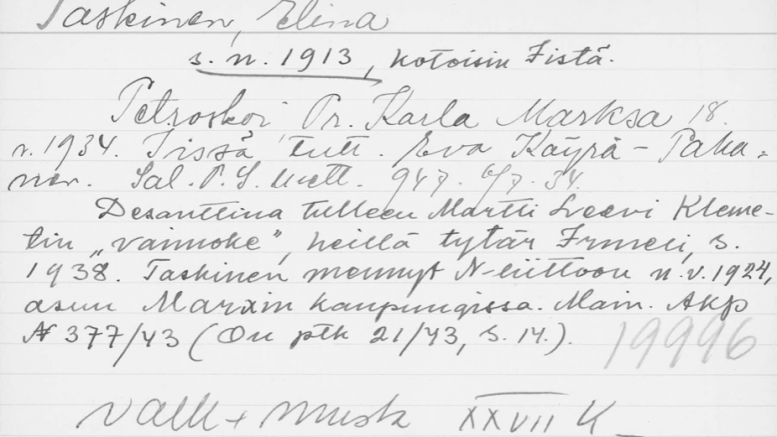 Etsivän Keskuspoliisin henkilökortti kertoo, että iiläinen Elina Taskinen lähti Neuvostoliittoon vuonna 1924. (Kuva: Kansallisarkisto)