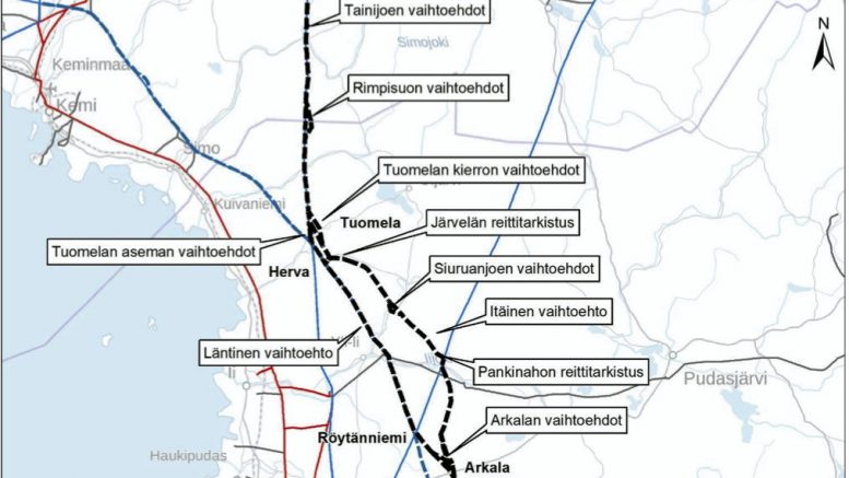 Uusi voimajohto Vaalan ja Rovaniemen välillä kulkee läpi Rantapohjan alueen. Sekä Oulun että Iin kunta ovat lausunnoissaan Arkalan kohdalta lähtevän läntisen vaihtoehdon kannalla. (Kuva: Fingrid/YVA-selostus)