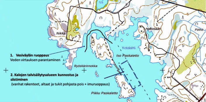 Hankesuunnitelman mukaan Kotalahti -kuntoon hankkeessa ruopattaisiin vesiväylää ja kunnostettaisiin kalojen talvisäilytysaluetta. (Kartta: Iin kunta)