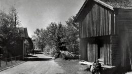 Vanha näkymä Halosenniemen kylänraitilta. 1700-luvun lopulta peräisin oleva aitta on edelleen pystyssä raitilla.