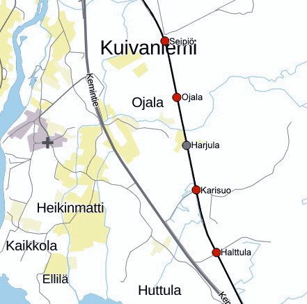 Väyläviraston ratasuunnitelmassa esitetään poistettavaksi Miettusen, Halkolan, Karisuon, Harjulan, Ojalan ja Seipiön tasoristeykset. (Kartta: Väylävirasto)