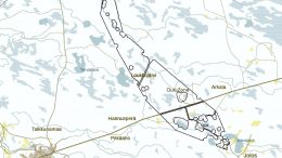 Tukes on hyväksynyt Arctic Minerals Exploration AB:n jättämän malminetsintälupahakemuksen kuvassa näkyvälle Martimo1-alueelle. Alueen mittakaava kuvassa on ohjeellinen. Pohjakartta: Paikkatietoikkuna-verkkopalvelu 2022.