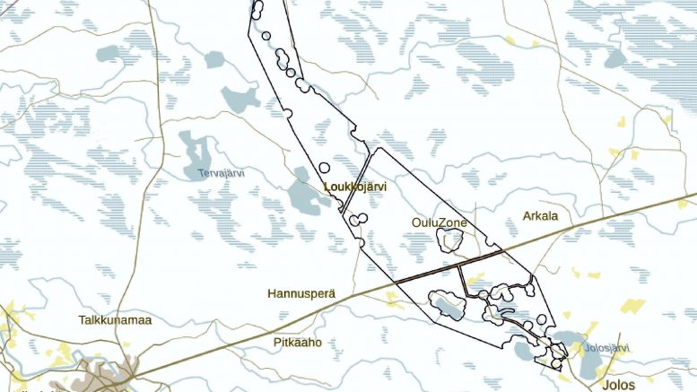 Tukes on hyväksynyt Arctic Minerals Exploration AB:n jättämän malminetsintälupahakemuksen kuvassa näkyvälle Martimo1-alueelle. Alueen mittakaava kuvassa on ohjeellinen. Pohjakartta: Paikkatietoikkuna-verkkopalvelu 2022.