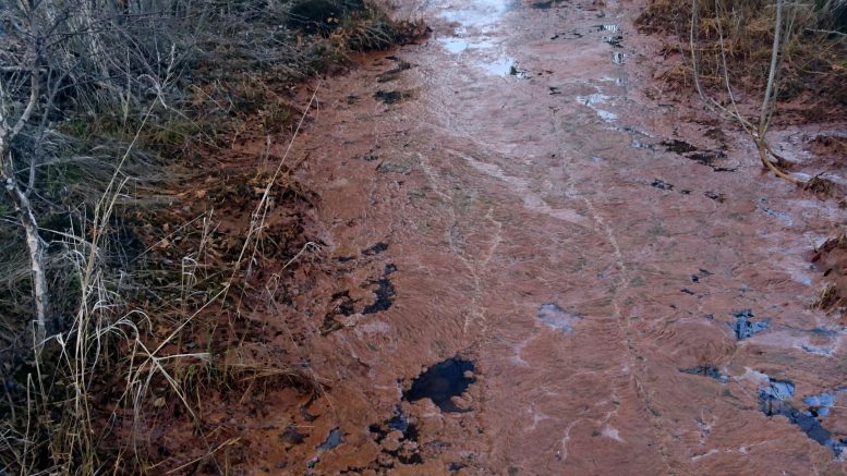 Rautaa Korteojassa. Rauta on todellinen ongelma Jäälinjärven valuma-alueella, kuten erityisesti myös muualla Pohjois-Pohjanmaalla. Suosimulaattorin avulla kunnostusojitukset voidaan kohdentaa siten, että hyöty puuston kasvulle on suurin mutta raudan liukeneminen pienintä. (Kuva: Birger Ylisaukko-oja)