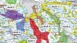 Ylikiimingissä valokuituverkon rakentaminen on alkanut Ylikiiminki I alueen osa-alueilla 1 ja 2. Tänä syksynä ehditään ehkä vielä aloittaa osa-alueen 3 runkokaapelointi. Kartta: Kairan Kuitu ja MML