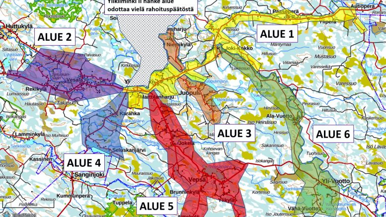 Ylikiimingissä valokuituverkon rakentaminen on alkanut Ylikiiminki I alueen osa-alueilla 1 ja 2. Tänä syksynä ehditään ehkä vielä aloittaa osa-alueen 3 runkokaapelointi. Kartta: Kairan Kuitu ja MML