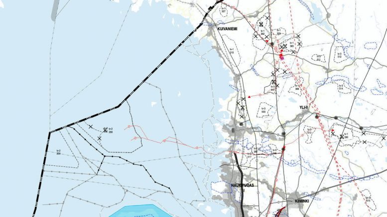 Kaavassa punaisella on merkitty pääsähköjohdon yhteystarpeet, sinisellä pohjavesialueet ja mustalla merkityt tv-1 ja tv-2 alueet maalla ja merellä ovat tuulivoimaloiden alueita. Mustat tv-3-alueet ovat potentiaalisia tuulivoima-alueita. X-merkit kartassa tarkoittavat poistuvaa merkintää.