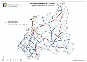 Kartta talvi- ja pimeän ajan nopeusrajoituksista talvikaudella 2022-23 Pohjois-Pohjanmaan ja Kainuun maanteillä.