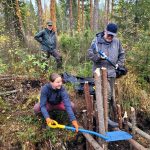 Esko Saari lekan varressa lapiolla tolppaa tukee Hanna-Riikka Ruhanen ja taustalla Erkki Kuivaniemi. Patotolppien pystytys ojan pohjaan käynnissä.