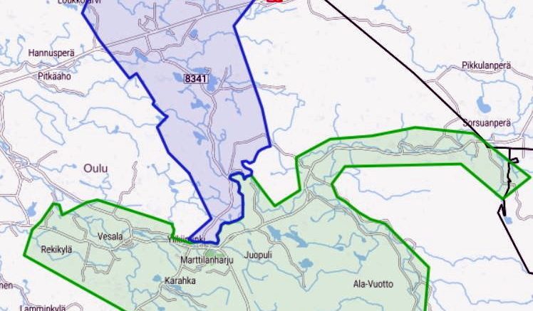 I-vaihealue, eli vihreällä kuvassa näkyvä valokuituverkon rakentamisen alue valmistuu jo tämän vuoden aikana. II-vaihe, joka on kuvassa violetilla, odottaa vielä rahoituspäätöstä. (Kuva: Kairan Kuitu Oy)