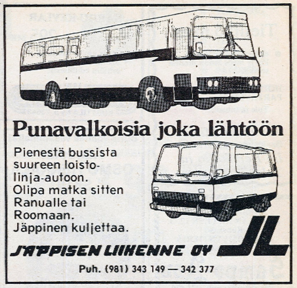 Kuljetusala on nyt ollut tapetilla. Kuka muistaa Haukiputaalta käsin liikennöineen Jäppisen liikenteen? Ilmoitus Rantapohjasta 8.3.1979. Jäppinen kuljetti, oli itten matka Ranualle tai Roomaan!