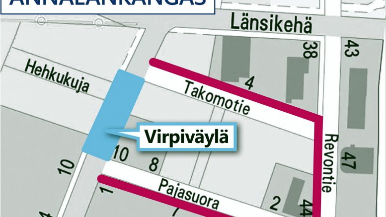 Virpiväylä katkaistaan kahdeksi viikoksi Hehkukujan vesihuoltotöiden takia. Kiertoreitti moottoriajoneuvoille on merkitty karttaan punaisella. Kartta: Oulun kaupunki.