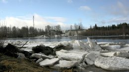 Kiiminkijokeen muodostuu jääpatoja usein Alakylän paikkeille, missä ne myös nostattavat veden pintaa tulvalukemiin. Kuva on vuodelta 2012. (Arkisto: Teea Tunturi)