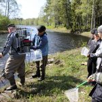 Oppilaat seurasivat rannalta jännittävän sähkökalastuksen esittelyä. Laitteesta johdetaan veteen sähköä, joka tainnuttaa kalat. Saalis lasketaan, mitataan ja päästetään takaisin veteen.