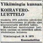 Koiravero poistui Suomen lainsäädännöstä viime vuosikymmenellä. Jo sitä ennen vain muutama kunta oli enää perinyt sitä. Vuonna 1973 vero oli vielä voimissaan ja esillä pidettiin luetteloita koiranomistajista. Ilmoitus Rantapohjassa 20.9.1973.