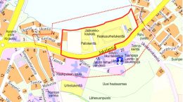 Punaisella rajattu alue kaavoitetaan asuntorakentamisella. Kartta: Oulun kaupunki.