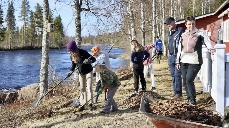 Nuijamiesten lavan ympäristö laitettiin alkuviikosta kuntoon talkoilla juuri tanssikauden kynnyksellä. Ensi syksynä alkaa todennäköisesti myös lavan laajennus, joka Veikko Jokikokon ja Piia Parkkisen mukaan on osarahoitusta ja tekemistä vaille valmis. Kuva: Teea Tunturi
