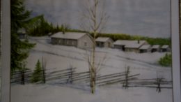 Eine Kela maalasi vuonna 1993 taulun vanhan valokuvan mukaan talvisesta Parkumäen pihapiiristä.