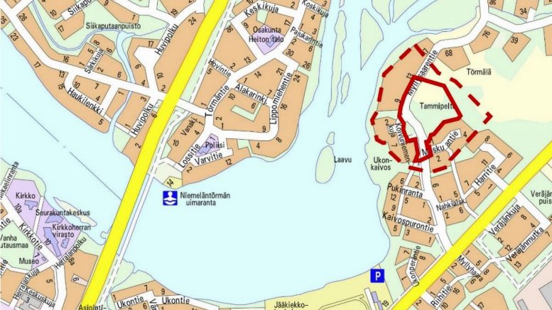 Karttaan on rajattu punaisella ehyellä viivalla alue, jolle asemakaavan muuttamista suunnitellaan ja katkoviivalla on merkitty lähin vaikutusalue.