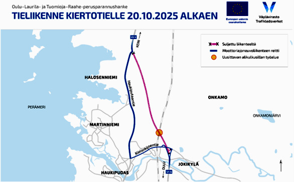 Kiertotie ohjataan Kiiminkijoentien ja Haukiputaantien kautta ensi viikolla.