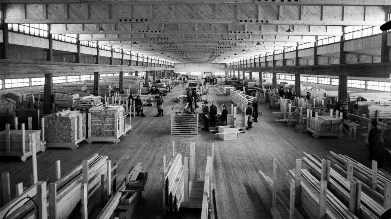 Kuva Pateniemen puutalotehtaalta. Kuvassa näkyy valmiisiin mittoihin tehtyä puutavaraa, joista tehdyt elementit melkein survottiin junanvaunuihin talojen kasaamista varten. Kuva: Pateniemi-Seuran arkisto