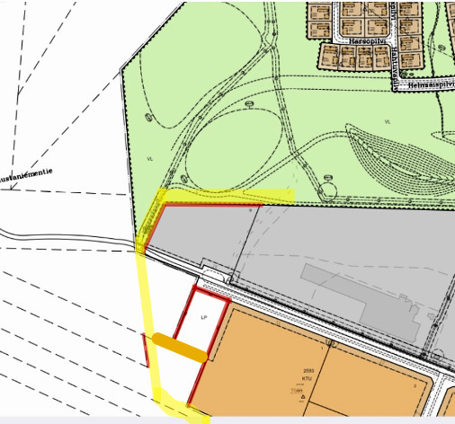 Uuden ulkoilureitin linjaus Annalankankaantien päässä on merkitty karttaan keltaisella. Vanha reitti kulkee paikoin harmaalla merkittyä teollisuusaluetta. Punainen neliö on uusi parkkialue. Ulkoilureitit ja -maastot jatkuvat Annalankankankaalta Runtelinharjulle ja Virpiniemeen.