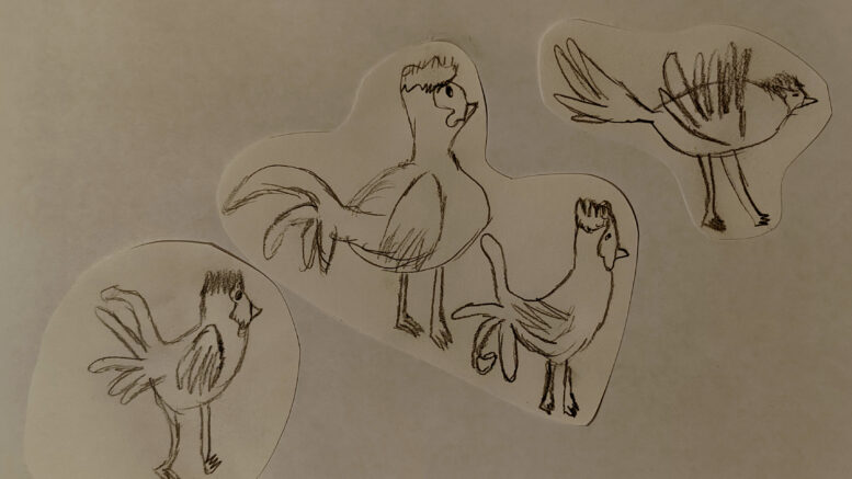 Päättävät kukot -piirustuksen teki Lyydia Simonen.