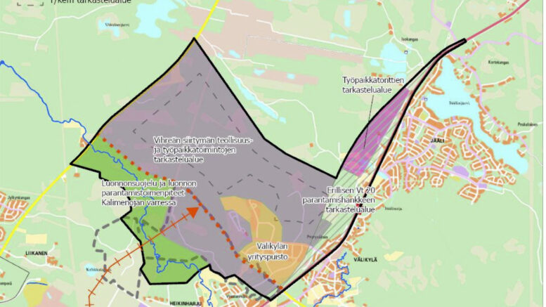 Oulun kaupungin suunnittelukartalla näkyy se, miten Pyyryväisen alue sijoittuu Jäälin läheisyyteen.