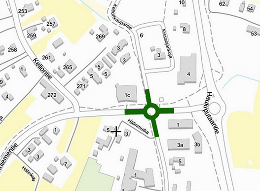 Kellon keskustan risteysalueelle rakennettavan uuden kiertoliittymän paikka on merkitty suunnittelualueen karttaan vihreällä. Oikealla näkyvä kiertoliittymä sijaitsee Haukiputaantiellä.