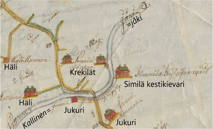 Kellon keskusta 1700 -luvun lopulla. Kellonjoki on nimeltään Kallinen -joki. Joen mutkassa on veljesten Matti ja Jaakko Rekilän talot (Greckilä Gårdar). Nykyinen Haukiputaantie menee Krekilän talojen välistä. Iin kolmiosainen rantamaantiekartta vuosilta 1784–1789, Ii 44.
