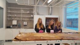 Laila, Emilia ja Iina maalauspuuhissa.