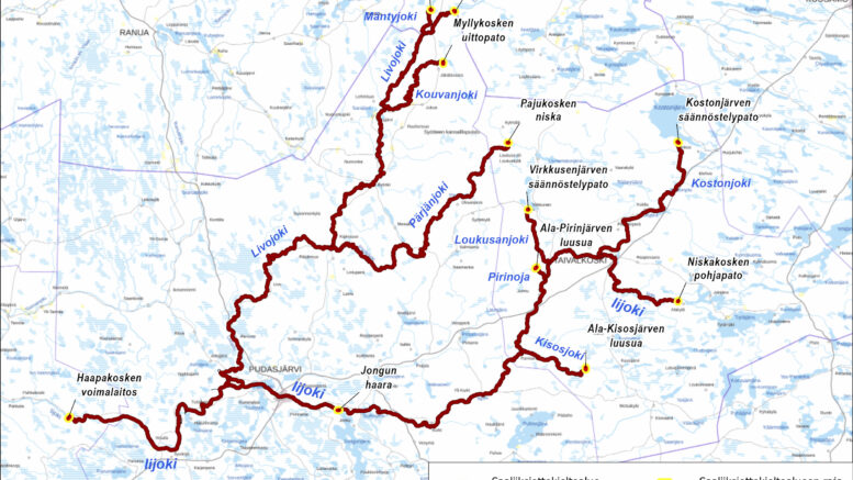 Rasvaevällisten taimenten ja lohien saaliiksiotto on kielletty kartan mukaisilla alueilla.