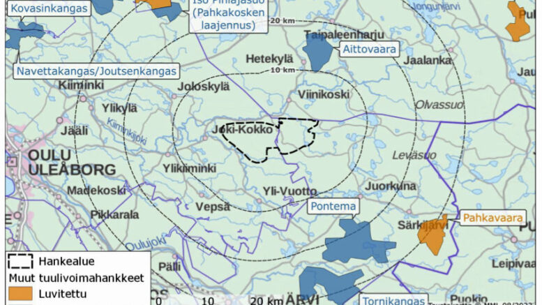 YVA-selostuksen liitteenä olevassa kartassa Mustasuo-Tynnyrikorven tuulivoima-alue näkyy keskellä. Ympärillä näkyvät lähialueen muut tuulivoimahankkeet.