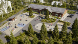 Uusi päiväkoti on kolmiosastoinen, ja tontille rakennetaan myös monipuoliset leikki- ja piha-alueet. Havainnekuva: Toivo Group