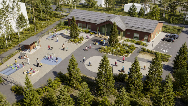 Uusi päiväkoti on kolmiosastoinen, ja tontille rakennetaan myös monipuoliset leikki- ja piha-alueet. Havainnekuva: Toivo Group